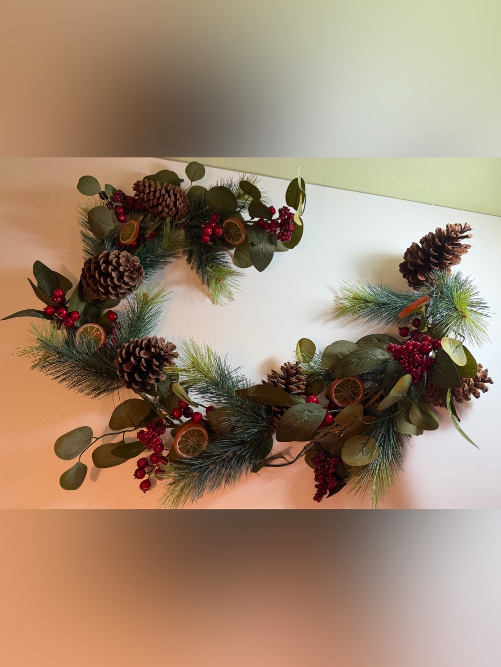 Faux Pine, Eucalyptus Christmas Garland with Dried Oranges, Pinecones, & Berries